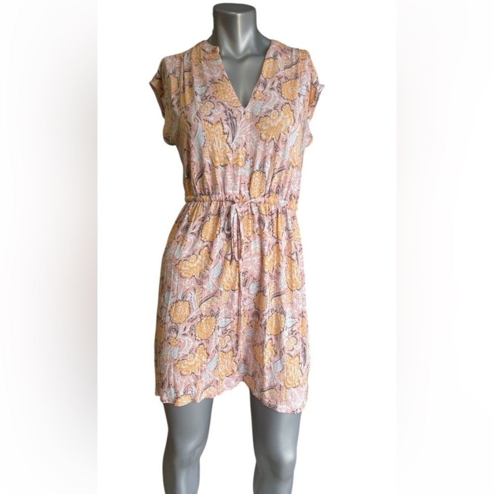 LOFT Pink and Yellow Paisley V-Neck Drawstring Mini Dress